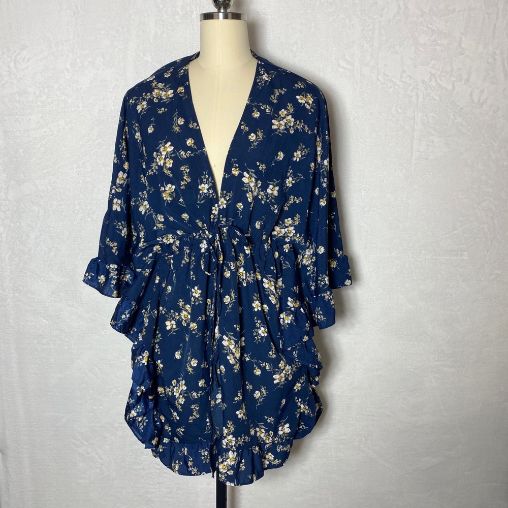 Floral Print Teal XL Kimono Style Tie Waist Cover Up Ruffle Bell Sleeve Beach